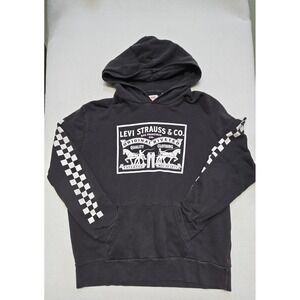 Levi Strauss Co. Black Hoodie Sweatshirt Mens XL Checkered Sleeve Pullover